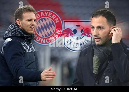 München, Deutschland. 02nd. Februar 2022. FOTOMONTAGE: Vorschau auf das Bundesliga-Spiel FC Bayern München-RB Leipzig. Trainer Julian NAGELSMANN (FC Bayern München) und Domenico TEDESCO (Trainer Leipzig) treffen sich mit ihren Teams, Quelle: dpa/Alamy Live News Stockfoto