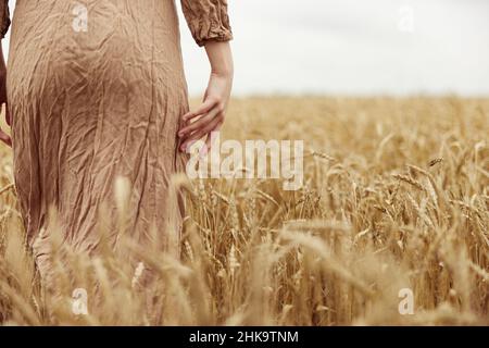 Frau Hände der Bauer besorgt die Reifung der Weizenohren im Frühsommer endlosen Feld Stockfoto