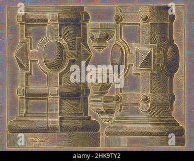 Inspiriert von zwei "columnae caelatae" im toskanischen Orden, Architectura de Oorden Tussschana, zwei "columnae caelatae" mit Rustica, Diamantköpfen und Hemisphäre. Neben drei Konsolen. Der Druck ist Teil eines Albums., Druckerei: Johannes von Lucas van Doetechum, Hans Vredeman de Vries, Antwerpen, neu erfunden von Artotop. Klassische Kunst neu erfunden mit einem modernen Twist. Design von warmen fröhlichen Leuchten der Helligkeit und Lichtstrahl Strahlkraft. Fotografie inspiriert von Surrealismus und Futurismus, umarmt dynamische Energie der modernen Technologie, Bewegung, Geschwindigkeit und Kultur zu revolutionieren Stockfoto