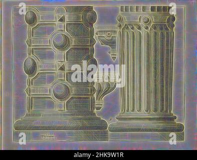 Inspiriert von zwei "columnae caelatae" und zwei Konsolen, Architectura de Orden Tussschana, zwei "columnae caelatae". Links die untere Hälfte einer Säule mit stilisiertem Bossage, Diamantköpfen und Hemisphäre. Rechts eine Spalte mit Balkenwerk. In der Mitte zwei Konsolen. Der Druck ist Teil eines Albums, Reimagined by Artotop. Klassische Kunst neu erfunden mit einem modernen Twist. Design von warmen fröhlichen Leuchten der Helligkeit und Lichtstrahl Strahlkraft. Fotografie inspiriert von Surrealismus und Futurismus, umarmt dynamische Energie der modernen Technologie, Bewegung, Geschwindigkeit und Kultur zu revolutionieren Stockfoto