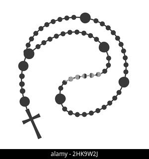 Rosenkranz Perlen Silhouette. Gebetsschmuck für Meditation. Katholischer Kaplet mit Kreuz. Religionssymbol. Vektorgrafik. Stock Vektor