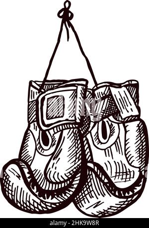 Skizze der Boxhandschuhe „Hang Boxing“ isoliert. Sportausrüstung für Boxen im handgezeichneten Stil. Design graviert für Poster, Druck, Buchillustration, Logo, ico Stock Vektor