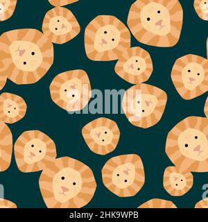 Lion pattern seamless in freehand style. Head predator on colorful background. Vector illustration for textile prints, fabric, banners, backdrops and Stock Vektor
