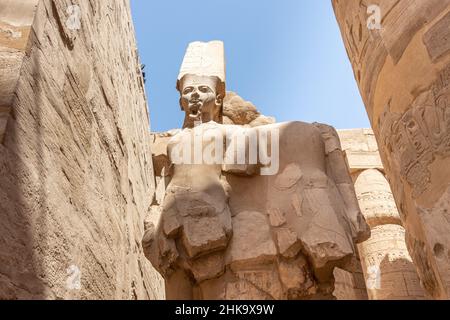 Ägypten Luxor Tempel. Granitstatue von Ramses II vor Säulen Stockfoto