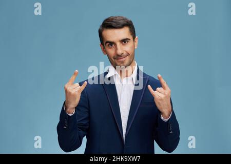 Geschäftsmann Porträt blau Anzug Hand Gesten Emotionen isoliert Hintergrund Stockfoto