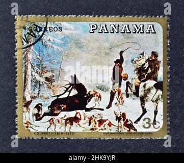 Abgesagte Briefmarke gedruckt von Panama, die Gemälde von Courbet zeigt, um 1968. Stockfoto