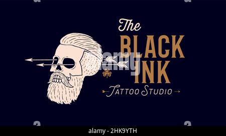 Schädelmensch. Poster von Vintage Totenkopf Mann, Hipster Label, Portrait Mann. Retro Old School Illustration mit Text Black Ink, Tattoo Salon, Hipster Stil. Vektorgrafik Stock Vektor