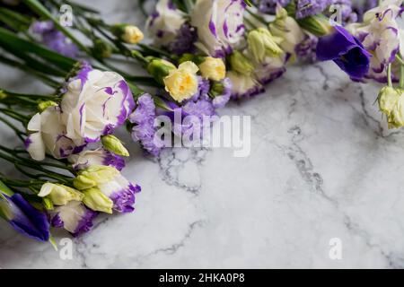 Schöner Blumenstrauß: iris, Mimose, Tulpe, Lisianthus. Frohe ostern, Happy Mothers Day Konzept. Platz kopieren. werbung, Einladung Stockfoto