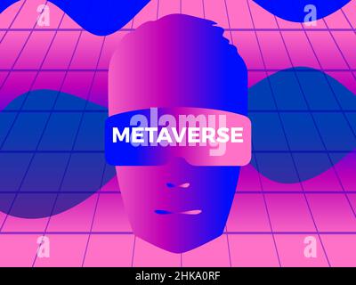 Face in Virtual Reality Brille im Stil der 80s. Menschliches Gesicht im VR-Headset. Virtual-Reality-Brille für den Zugriff auf die Metaverse. Synthwave und Retr Stock Vektor