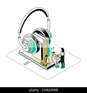 Hörbücher - moderne Linie Isometrie Design Stil Illustration. Modernes Bild mit männlichen und weiblichen Charakteren, große Kopfhörer mit Büchern auf Smartphones Stock Vektor
