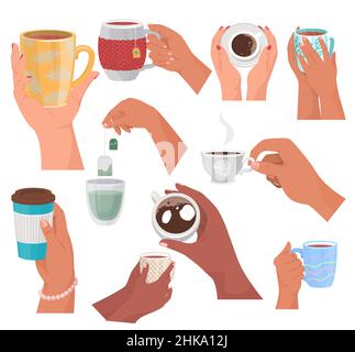 Frauen Hände halten Teetassen und Kaffeebecher, Vektor isolierte Illustration. Kaffeepause, Frühstück mit heißen Getränken am Morgen. Stock Vektor