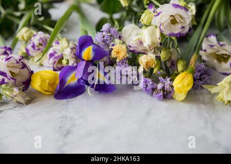 Schöner Blumenstrauß: iris, Mimose, Tulpe, Lisianthus. Frohe ostern, Happy Mothers Day Konzept. Platz kopieren. werbung, Einladung Stockfoto