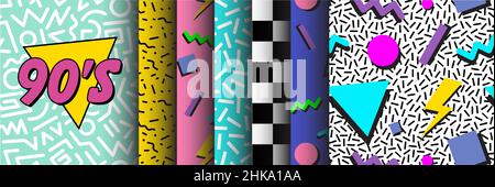 90er Kollektion von nahtlosen Mustern | Set von abstrakten lebendigen Vektorgrafiken im Retro Vintage Stil für Bekleidung | Flyer. Poster, Bannerelemente Stock Vektor