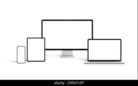 Isolierte Computer und mobile Geräte mit leerem Bildschirm für reaktionsschnelle Webwerbung oder App-Werbung Stockfoto