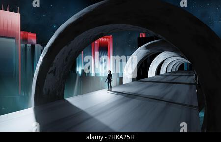 Frau, die im U-Bahn-Tunnel steht und auf eine moderne, abstrakte Stadt mit Lichtern und Nachthimmel blickt. Transport, Fantasy-Konzept, 3D Illustration Stockfoto