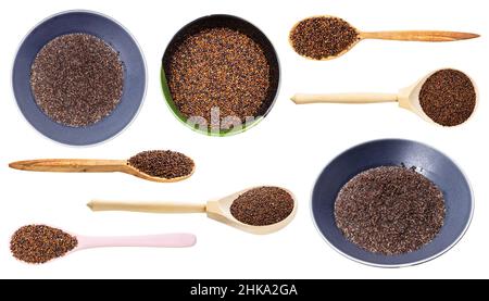 Set aus verschiedenen gekochten und rohen Canihua-Körnern isoliert auf weißem Hintergrund Stockfoto