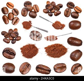 Set aus verschiedenen gemahlenen Kaffee und Bohnen isoliert auf weißem Hintergrund Stockfoto