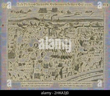 Inspiriert von der Belagerung von Vredenburg, 1577, Belagerung und Eroberung der Burg Vredenburg in Utrecht durch die von Bossu kommandierte Staatsarmee, 11. Februar 1577. Blick auf die Festung und die umliegenden Straßen mit den verschiedenen Scharmützeln. Mit 4-zeiliger lateinischer Beschriftung. Nummeriert: 73. Auf der Rückseite mit lateinischem Text gedruckt, neu gestaltet von Artotop. Klassische Kunst neu erfunden mit einem modernen Twist. Design von warmen fröhlichen Leuchten der Helligkeit und Lichtstrahl Strahlkraft. Fotografie inspiriert von Surrealismus und Futurismus, umarmt dynamische Energie der modernen Technologie, Bewegung, Geschwindigkeit und Kultur zu revolutionieren Stockfoto