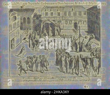 Inspiriert von Brügger Mönchen auf dem Scheiterhaufen, 1578, Hinrichtung der Franziskanermönche in Brügge unter der Anklage der Sodomie, 26. Juli 1578. Rechts die Auspeitschung, links die Mönche auf dem Scheiterhaufen. Mit einer lateinischen Beschriftung von 4 Zeilen. Nummeriert: 99. Auf der Rückseite mit lateinischem Text gedruckt., Druckerei: Simon Frisius, Frans, Reimagined by Artotop. Klassische Kunst neu erfunden mit einem modernen Twist. Design von warmen fröhlichen Leuchten der Helligkeit und Lichtstrahl Strahlkraft. Fotografie inspiriert von Surrealismus und Futurismus, umarmt dynamische Energie der modernen Technologie, Bewegung, Geschwindigkeit und Kultur zu revolutionieren Stockfoto