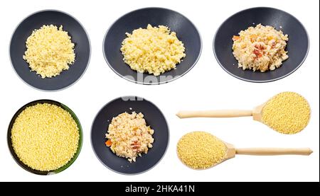 Set von gekochten und rohen marokkanischen Couscous isoliert auf weißem Hintergrund Stockfoto