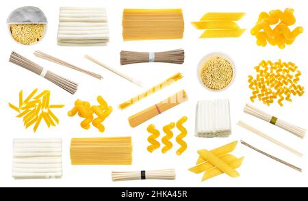 Set von verschiedenen trockenen Nudeln und Pasta isoliert auf weißem Hintergrund Stockfoto