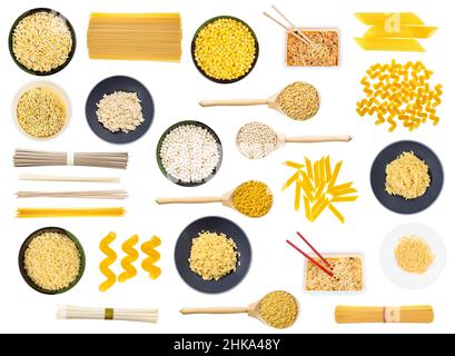 Set von verschiedenen Nudeln und Nudeln und Gerichte isoliert auf weißem Hintergrund Stockfoto