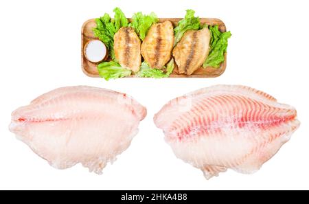 Set aus gefrorenem und gebratenem Filet von Seebarsch Fisch isoliert auf weißem Hintergrund Stockfoto