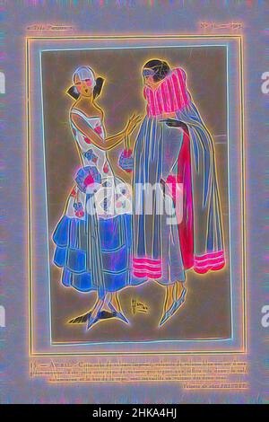 Inspiriert von Très Parisien, 1923, Nr. 11: 15. - AU BAL. - Cette Robe de velours..., Ballkleid aus bedrucktem Samt mit Volants aus einfachem blauem Samt. Cape aus silbergrauem Samt, am großen Kragen und an der Unterseite des Umhangs zwei Samttöne. Velvet von Fraudet. Zubehör: Stirnband, floral, neu gestaltet von Artotop. Klassische Kunst neu erfunden mit einem modernen Twist. Design von warmen fröhlichen Leuchten der Helligkeit und Lichtstrahl Strahlkraft. Fotografie inspiriert von Surrealismus und Futurismus, umarmt dynamische Energie der modernen Technologie, Bewegung, Geschwindigkeit und Kultur zu revolutionieren Stockfoto