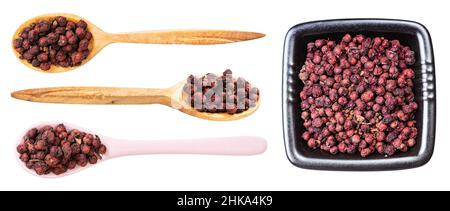 Set von verschiedenen schisandra chinensis Früchten isoliert auf weißem Hintergrund Stockfoto