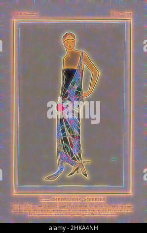 Inspiriert von Très Parisien, 1923, Nr. 3: Tissus DIÉDERICHS-SOIERIES, SOIR D'AOUT..., Abendkleid: Über einem schwarzen Satinfourreau ein dünner und transparenter Seidenmusselin, bedruckt mit Ähren aus Mais und Blumen. Die Vorhänge werden an der Seite von einer großen Mohnblume zusammengehalten. Stoffe von Diéderichs-Soieries, neu gestaltet von Artotop. Klassische Kunst neu erfunden mit einem modernen Twist. Design von warmen fröhlichen Leuchten der Helligkeit und Lichtstrahl Strahlkraft. Fotografie inspiriert von Surrealismus und Futurismus, umarmt dynamische Energie der modernen Technologie, Bewegung, Geschwindigkeit und Kultur zu revolutionieren Stockfoto