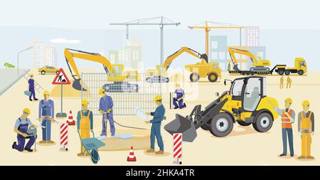 Baustelle mit Bagger, Architekt und schweren LKW Stock Vektor