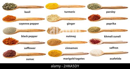 Set aus verschiedenen gemahlenen Gewürzen in Holzlöffel mit Namen isoliert auf weißen Grundgerüchen Stockfoto