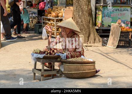 Eine ältere Vietnamesin, die einen konischen Hut trägt, verkauft Nüsse und Gemüse auf einem Lebensmittelmarkt in Hue, Provinz Thua Thien Hue, Zentralvietnam Stockfoto