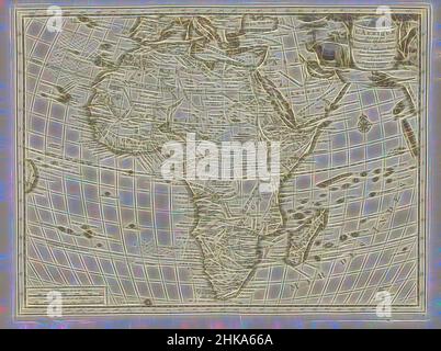 Inspiriert von Map of Africa, L'Afrique, suivant les nouvelles Observations de Mess[ieu]rs de l'Academie Royale des Sciences etc. Augmentées de nouveau, Les Indes Orientales et Ockidentales et autres lieux, Map of Africa. Oben rechts befindet sich der Titel der Karte auf einer zwischen zwei Bäumen gestreckten Leinwand, Reimagined by Artotop. Klassische Kunst neu erfunden mit einem modernen Twist. Design von warmen fröhlichen Leuchten der Helligkeit und Lichtstrahl Strahlkraft. Fotografie inspiriert von Surrealismus und Futurismus, umarmt dynamische Energie der modernen Technologie, Bewegung, Geschwindigkeit und Kultur zu revolutionieren Stockfoto