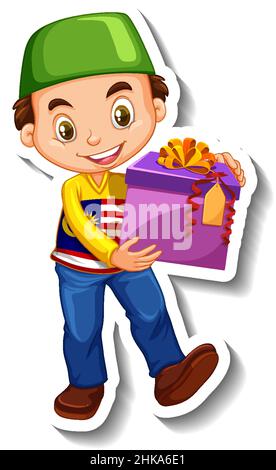 Muslimischer Junge mit Geschenkbox im Cartoon-Stil Illustration Stock Vektor