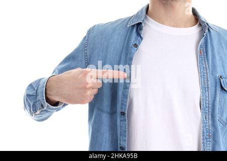 Mann in leerem T-Shirt und in Hemd isoliert auf weißem Hintergrund Stockfoto