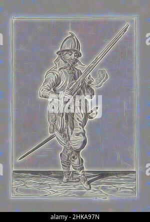 Inspiriert von Soldat auf der Wache, der sein Steuerruder mit der rechten Hand nach oben gerichtet hält und den Lauf in seine linke Hand fallen lässt (nein 35), c. 1600, Ein Soldat auf der Wache, in voller Länge, nach rechts, hält ein Steuerrad (eine bestimmte Art von Feuerwaffe) mit seiner rechten Hand, das Fass nach oben geneigt (no 35), c. 1600. Er, von Artotop neu erfunden. Klassische Kunst neu erfunden mit einem modernen Twist. Design von warmen fröhlichen Leuchten der Helligkeit und Lichtstrahl Strahlkraft. Fotografie inspiriert von Surrealismus und Futurismus, umarmt dynamische Energie der modernen Technologie, Bewegung, Geschwindigkeit und Kultur zu revolutionieren Stockfoto