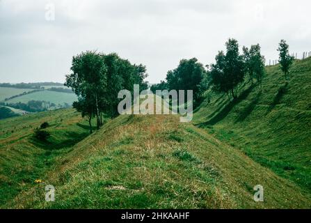 HOD Hill - Eisenzeit dann römische Festung im Blackmore-Wale, Dorset, England. Die Festung wurde in der späten Eisenzeit von den Durotrigen bewohnt und dann von den Römern erobert. Wälle aus der Eisenzeit. Archivscan von einem Dia. November 1973. Stockfoto