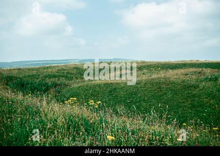 HOD Hill - Eisenzeit dann römische Festung im Blackmore-Wale, Dorset, England. Die Festung wurde in der späten Eisenzeit von den Durotrigen bewohnt und dann von den Römern erobert. Südrömische Gräben. Archivscan von einem Dia. November 1973. Stockfoto