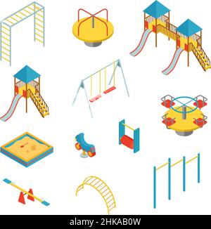 Set von isometrischen Elementen für Kinder Spielplatz auf weißem Hintergrund, Vektor-Illustration Stock Vektor