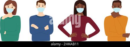 Gruppe von multirassischen Menschen in medizinischen Masken zum Schutz vor Viren auf weißem Hintergrund, Vektordarstellung Stock Vektor