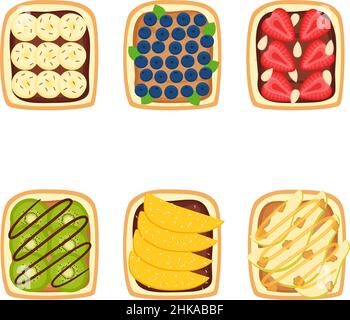 Set von Toast mit Beeren und Früchten zum Frühstück auf weißem Hintergrund, Vektorgrafik Stock Vektor