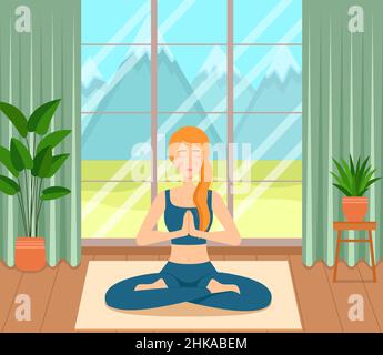 Mädchen sitzt gekreuzte Beine im Zimmer, praktiziert Yoga und Meditation, Vektor-Illustration Stock Vektor