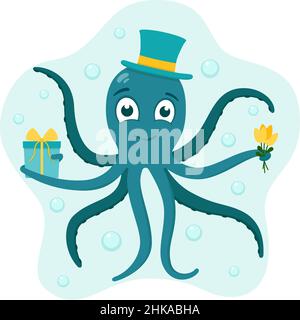 Octopus in Hut mit Geschenk und Blumenstrauß, Vektor-Illustration Stock Vektor