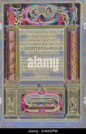 Inspiriert von Titeldruck zur Beschreibung des Eintritts von Albrecht und Isabella in die Südniederländer, 1599, Historica narratio profectionis et inaugurationis serenissimorum Belgii principum Alberti et isabellae Austriae archiducum, Titeldruck zur Beschreibung des Eintrags von Albrecht, neu gestaltet von Artotop. Klassische Kunst neu erfunden mit einem modernen Twist. Design von warmen fröhlichen Leuchten der Helligkeit und Lichtstrahl Strahlkraft. Fotografie inspiriert von Surrealismus und Futurismus, umarmt dynamische Energie der modernen Technologie, Bewegung, Geschwindigkeit und Kultur zu revolutionieren Stockfoto