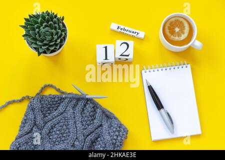 Holzwürfel Kalender Februar 12th. Tasse Tee mit Zitrone, leeren offenen Notizblock für Text. Topf mit Sukulent und Stoff auf Stricknadeln auf gelb b Stockfoto