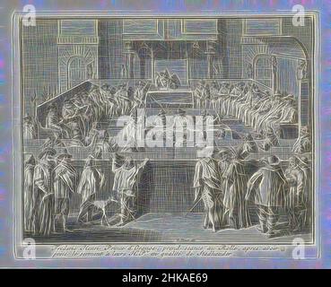 Inspiriert von Frederic Henry nimmt Sitz als Stadthalter in den Staaten von Holland, 1625, Frederic Henri Prince d'Orange, prend seance au Rolle, apres avoir prête le serment à leurs H.P. en qualité de Stadhouder, die Staaten von Holland versammeln sich in Sitzung in Anwesenheit von Frederick Henry als neuer, Neu gestaltet von Artotop. Klassische Kunst neu erfunden mit einem modernen Twist. Design von warmen fröhlichen Leuchten der Helligkeit und Lichtstrahl Strahlkraft. Fotografie inspiriert von Surrealismus und Futurismus, umarmt dynamische Energie der modernen Technologie, Bewegung, Geschwindigkeit und Kultur zu revolutionieren Stockfoto