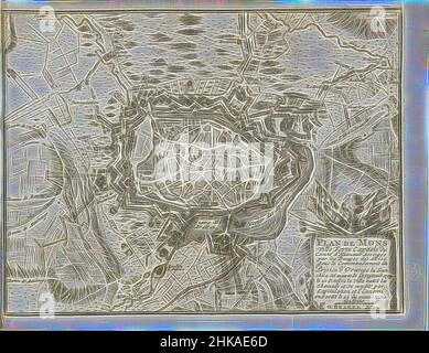 Inspiriert von der Belagerung von Mons, 1709, Plan de Mons Ville Forte (...) Assiegée par les troupes des Alliez. Sous le Commandement du Prince d'Orange (...), Karte von Mons (Mons), belagert von den Alliierten und aufgenommen am 20. Oktober 1709. Illustration in der holländischen Übersetzung von 1716 von J. Lamigue, Het leven van Zyne, Reimagined by Artotop. Klassische Kunst neu erfunden mit einem modernen Twist. Design von warmen fröhlichen Leuchten der Helligkeit und Lichtstrahl Strahlkraft. Fotografie inspiriert von Surrealismus und Futurismus, umarmt dynamische Energie der modernen Technologie, Bewegung, Geschwindigkeit und Kultur zu revolutionieren Stockfoto