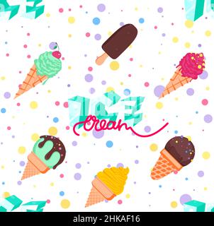 Nahtloses Muster mit verschiedenen Eiscreme-Sorten. Bunte verschiedene Eis in flachen Cartoon-Stil. Stock Vektor