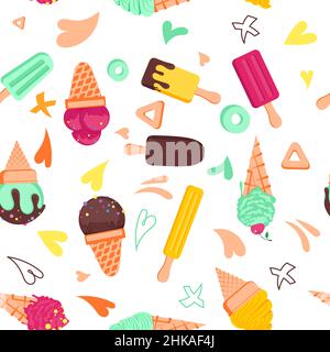 Vektor nahtloses Muster mit mehrfarbigem Eis auf weißem Hintergrund. Gefrorene Dessert Hintergrund. Design für Sommermode Textildruck, Verpackung Stock Vektor